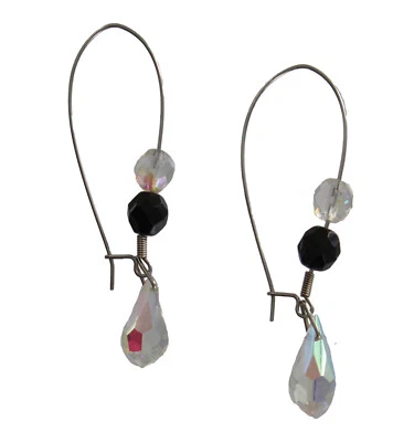 Black Ab Crystal Glass Beaded Silver Tone Kidney Wire Hoop Drop Earrings 2 3/4" - Image 1 of 2