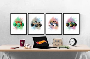 Hot Wheels Monster Trucks Aquarell Splash 4er Set Drucke Bilder Wandkunst - Bild 1 von 5