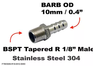 BSPT Tapered R 1/8" Male to BARB OD 10mm / 0.4" Stainless Tail Adaptor Hose - Picture 1 of 6