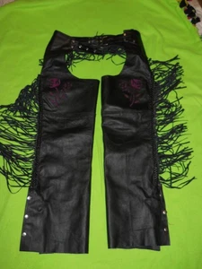 VTG Buffalo Leather Black @ Purple Rose /Fringe Biker Motorcycle Chaps~ Size XXS - Bild 1 von 9