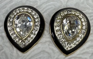 Vintage Swarovski Kristall schwarz Emaille goldfarben Tropfenform Clip auf Ohrringe - Bild 1 von 11
