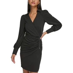 Karl Lagerfeld Kleid Damen 2 schwarz Rüschen Surplice Midi Etui Seitenreißverschluss Neu mit Etikett - Bild 1 von 11