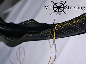 FOR MITSUBISHI LANCER PERFORATED LEATHER STEERING WHEEL COVER YELLOW DOUBLE STCH - Picture 1 of 3