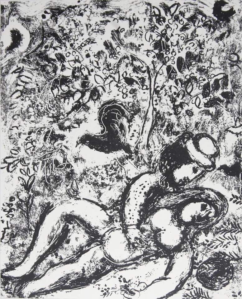 MARC CHAGALL The Pair in a Tree 12" x 9.5" Lithograph 1963 Modernism Black & Whi Foto 1 de 1
