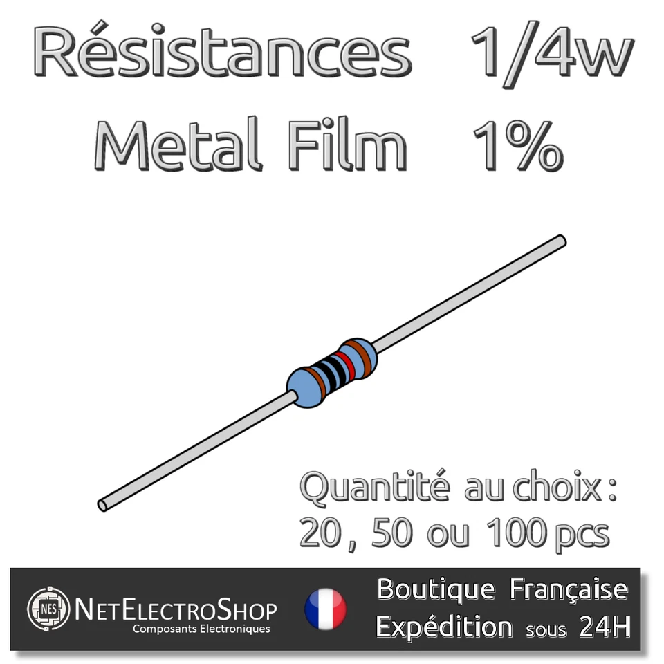 Résistances 9,1k Ohms / 9,1kR Couche Métal 1/4W 1% - Lot de 20, 50 ou 100pcs - Photo 1/1