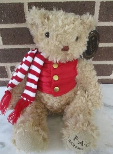 Chaleco acolchado rojo extraíble F.A.O.Schwaz de oso de peluche tostado + bufanda a rayas etiquetas de 14" nuevo - Imagen 1 de 9