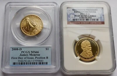 2008-D James Monroe + 2011-S Rutherford Hayes Presidential $1 - PCGS MS66 + NGC - Image 1 of 2