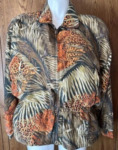 Vtg ATLANTIC BEACH Silk Lightweight Safari Animal Print Track Jacket XL - Picture 1 of 11