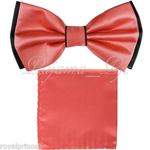 Two Tone Black CORAL Bow tie And CORAL Handkerchief Set Wedding Prom - Picture 1 of 1