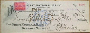 Three Rivers, MI First National Bank 1898 Check-Revenue Stamp/Monogram- Michigan - Picture 1 of 1