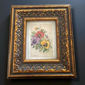 Miniatur Gemälde gerahmt französische Lithographie Mélanie Tisserand Blumen Stiefmütterchen 3x4 - Bild 1 von 8