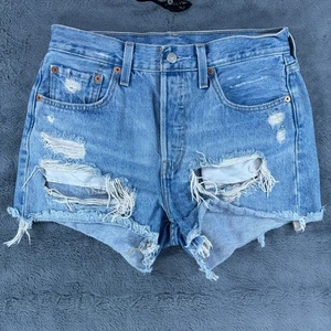 Levi's 501 Shorts Womens Size 27 Blue Denim Cut-Off Distressed Fringe Casual - Picture 1 of 11