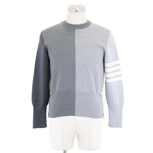 THOM BROWNE Tricolor Side Slit 100% Wool Crew Neck knit sweater Mens Size 1 Gray - Picture 1 of 14