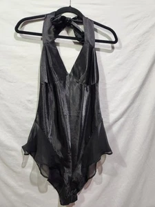 Vintage 90er Jahre schwarz Neckholder Teddy Dessous Highcut mit Spitze und Raffhalter - Bild 1 von 5