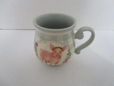 先锋女士 16 盎司。 灰色格子乡村农场粉红色猪设计锅肚杯 — 第 1/3 张图片