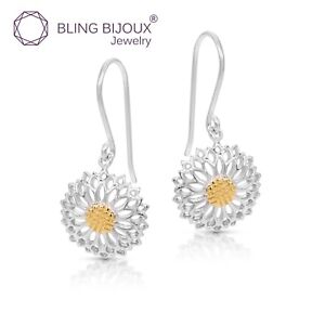 14K Yellow Gold Plating Golden Pollen Sunflower Earrings in 925 Sterling Silver