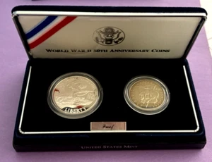 1991-1995 W SILVER $1 WWII 50TH ANNIVERSARY PROOF COMMEM 2 COIN SET - Picture 1 of 10