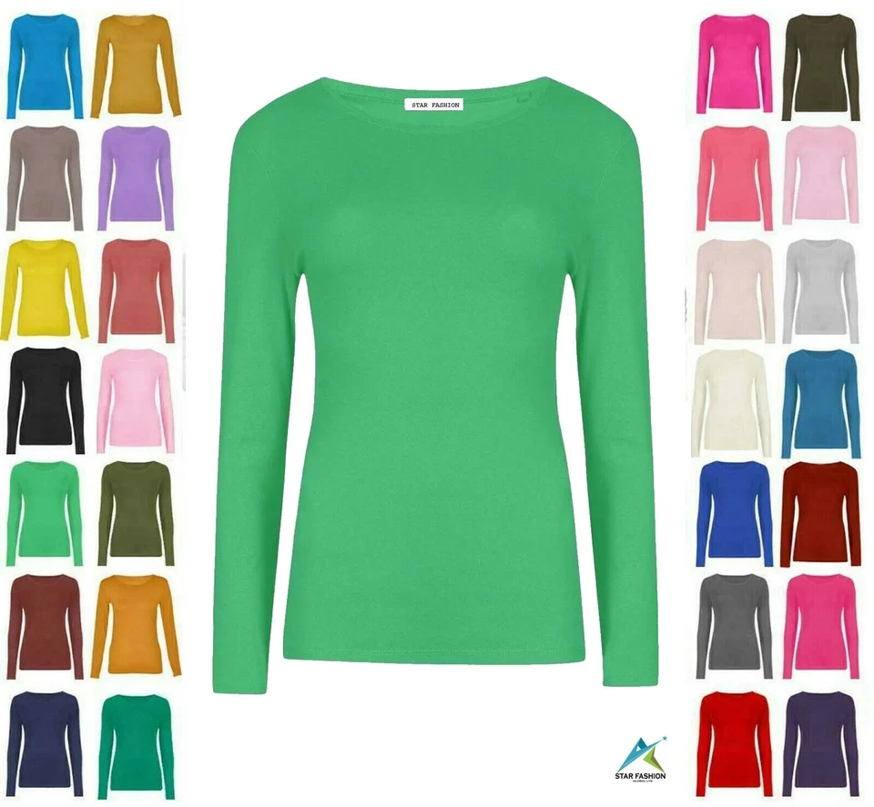 LADIES PLAIN TSHIRT WOMANS LONG SLEEVE SCOOP NECK T SHIRT TOP PLUS SIZE UK 8-26 - Image 1 of 1