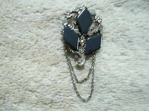 Vintage Style Pin, Black Glass or Hermite Stones, Silver Tone Metal, Crystals