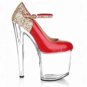 Decolte donna tacco alto sexy banchetto punta tonda rosso passerella plateau Mary Janes - Foto 1 di 11