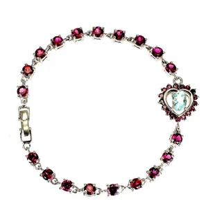 AQUAMARINE & RHODOLITE GARNET HEART BRACELET 925 STERLING SILVER 14K WGP 7.5 IN - Picture 1 of 3