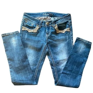 Pantalones de mezclilla para mujer Grace in LA embellecidos bolsillos de estrás azul talla 26 - Imagen 1 de 16