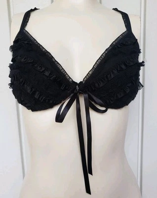 Vintage Y2K Victoria's Secret Black Satin Ruffled Front Closure Bra Size 36C NEW - Image 1 of 4