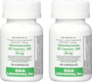 SDA LABORATORIES Difenhidramina 50mg, Alivio de Alergias, 100 Unidades (Pack de 2) - Imagen 1 de 5