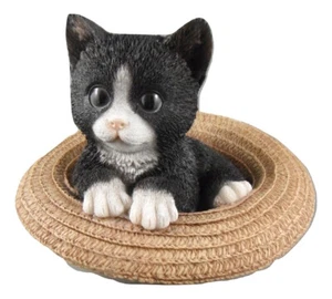 Money Box Statue Ornament Figurine Home Decor - Black and White Cat in Straw Hat - Picture 1 of 7