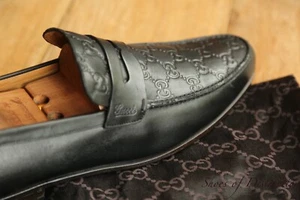 Gucci Black Leather GG Monogram Loafers Shoes Men's UK 10 E US 11 EU 44 - Picture 1 of 11
