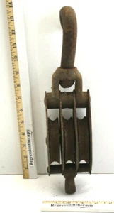 Antique 3 Rope 14" Cast Iron +Steel Pulley Block & Tackle Upstate NY CNY Barn - Picture 1 of 5