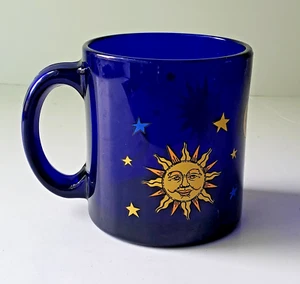 Vintage Libbey Cobalt Blue Sun Moon Stars Celestial Glass Coffee Mug Cup - Picture 1 of 6