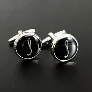 Black Round Name Initial Alphabet Letter Cufflinks Men Birthday Father’s Day Gif - Picture 1 of 7