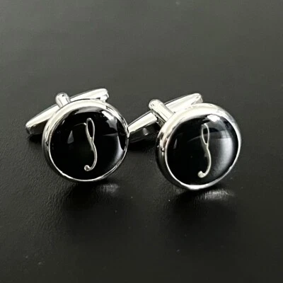 Black Round Name Initial Alphabet Letter Cufflinks Men Birthday Father’s Day Gif - Image 1 of 4