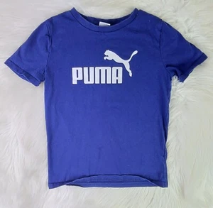 Puma Shirt Boys Small 7 8 Blue Short Sleeve Spell Out Logo Cotton Kids Youth - Picture 1 of 6