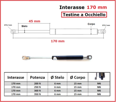 PISTONE a GAS Interasse 170 mm Fissaggio Occhiello Ø 8,2 - 1 Pezzo - Immagine 1 di 3