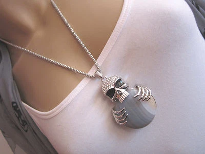 Hals Kette Modekette Lang Strass Totenkopf Skull Mit ACHAT Silber Grau  SK0951 - Bild 1 von 2