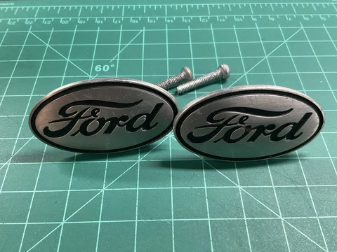 Pair Ford Motors Drawer Cabinet Knob Pulls Brushed Metal with Black Lettering Cover