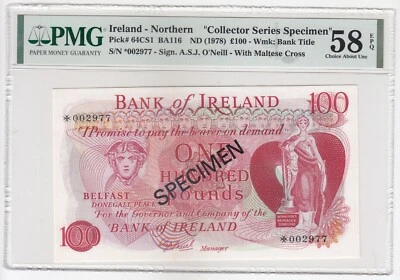 Ireland - Northern, 100 Pounds, 1978, UNC, P64CS1, Specimen, PMG 58, S/N*002977 - Image 1 of 2