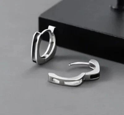 10K White Gold With Square Shape Black Enamel Huggie Hoop Earrings For Men's - Image 1 of 4
