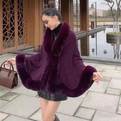 Abrigo suave imitación piel de conejo capa chal tejido poncho capa mujer cárdigan envolturas Foto 1 de 4