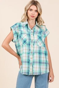 Mittoshop Mineral Wash kariertes Button-Down-Hemd für Damen - Bild 1 von 6