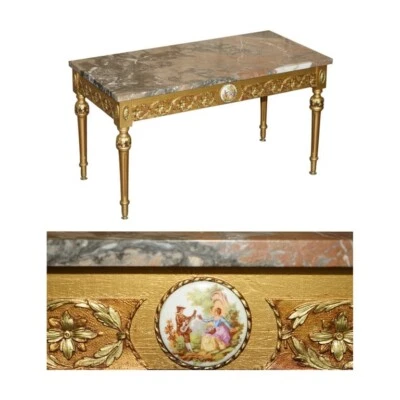 FRENCH MARBLE TOPPED GOLD GILTWOOD COFFEE TABLE WITH SIGNED PAINTED PARIS PLAQUE - Image 1 of 4