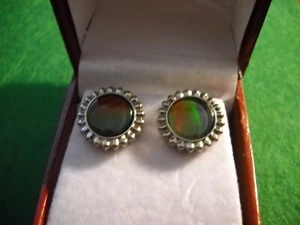 KORITE AMMOLITE BEZEL STUD EARRINGS STERLING 925 NATURAL GEMSTONES ROUND STYLE - Picture 1 of 12