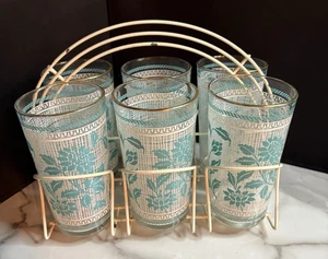 Aqua Blau & Weiß Gläser 6er Set mit weißem Draht Caddy - Bild 1 von 12