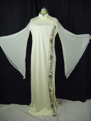 ALFRED SHAHEEN Vtg 70 Ivory Oriental Knit Dress w/Sheer Bell Sleeve-Bust 39/S-M - Image 1 of 4