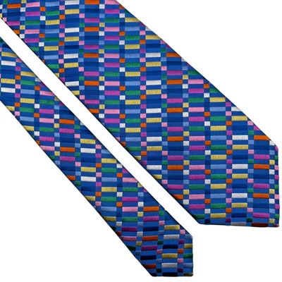Charles Tyrwhitt Silk Necktie Mens 60 x 3.25 Woven Blue Multicolor Geometric Tie - Image 1 of 4