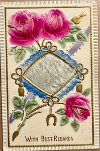 Almohada de seda peluda rosas rosas muy grabada aerografiada postal antigua c1910 - Imagen 1 de 5