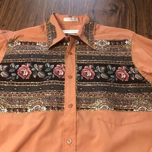 Vintage Western Shirt Mens L 15.5 32/33 Handmade Floral Fabric Gold Glitter - Picture 1 of 14