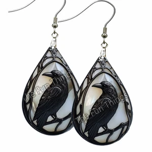 Faux Glass Art Print Gothic Raven Earrings NO TARNISH Wood Teardrop Pagan Wicca - Picture 1 of 8